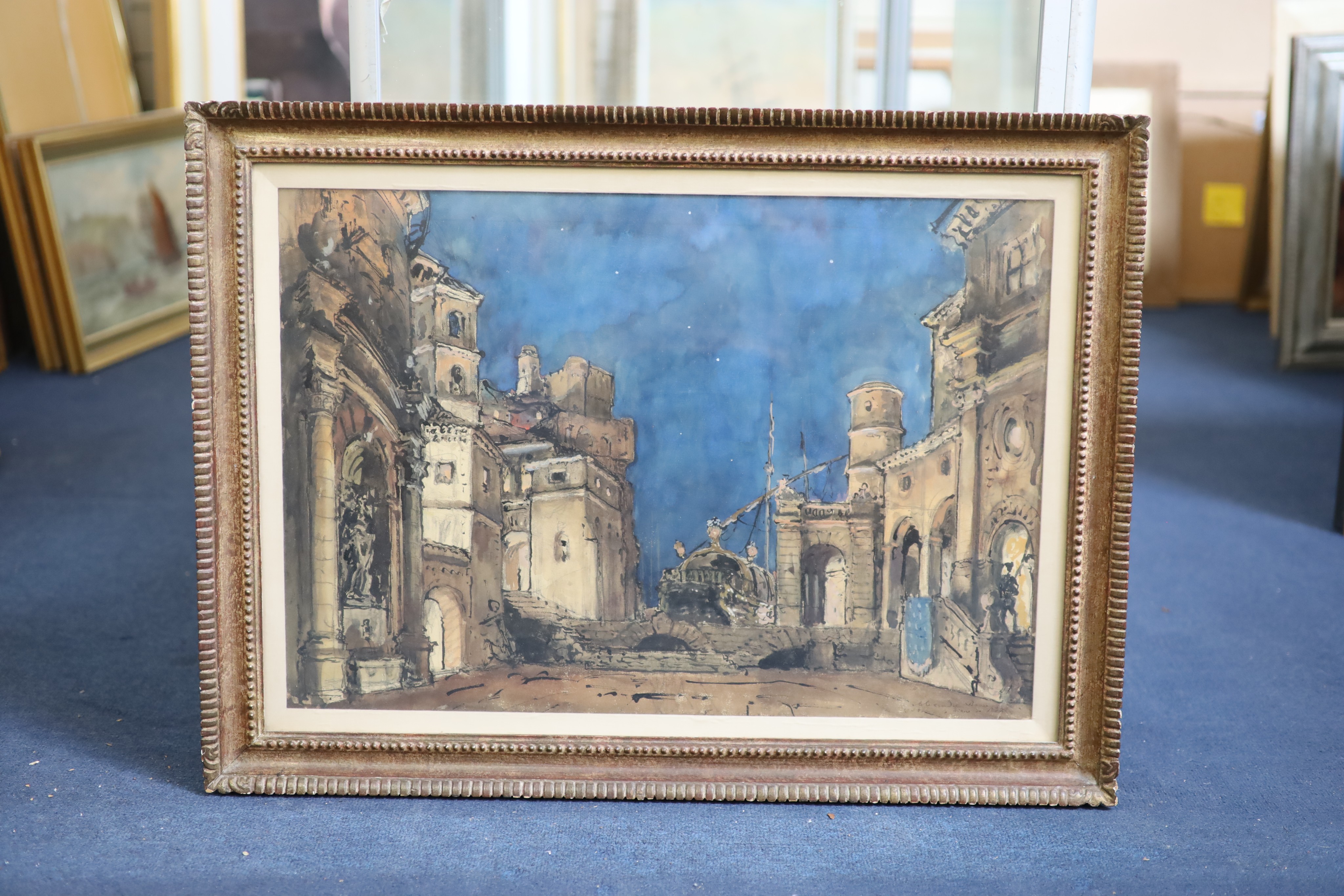 Alexandre Benois (Russian, 1870-1960), Diane de Poitiers, La Fete de unit a Marseille, Acte III, Pencil, Ink and watercolour, 43 x 62cm.